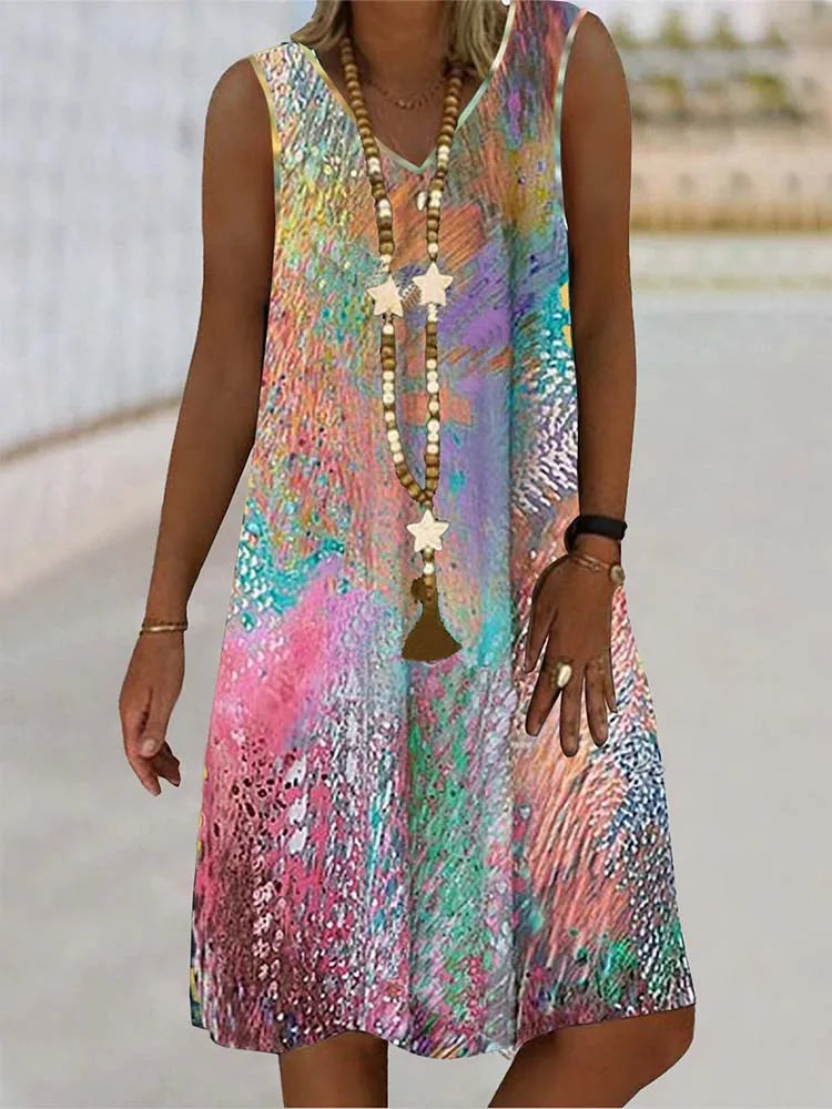 Women's Sleeveless V-Neck Dress Plant Print - Beachwear