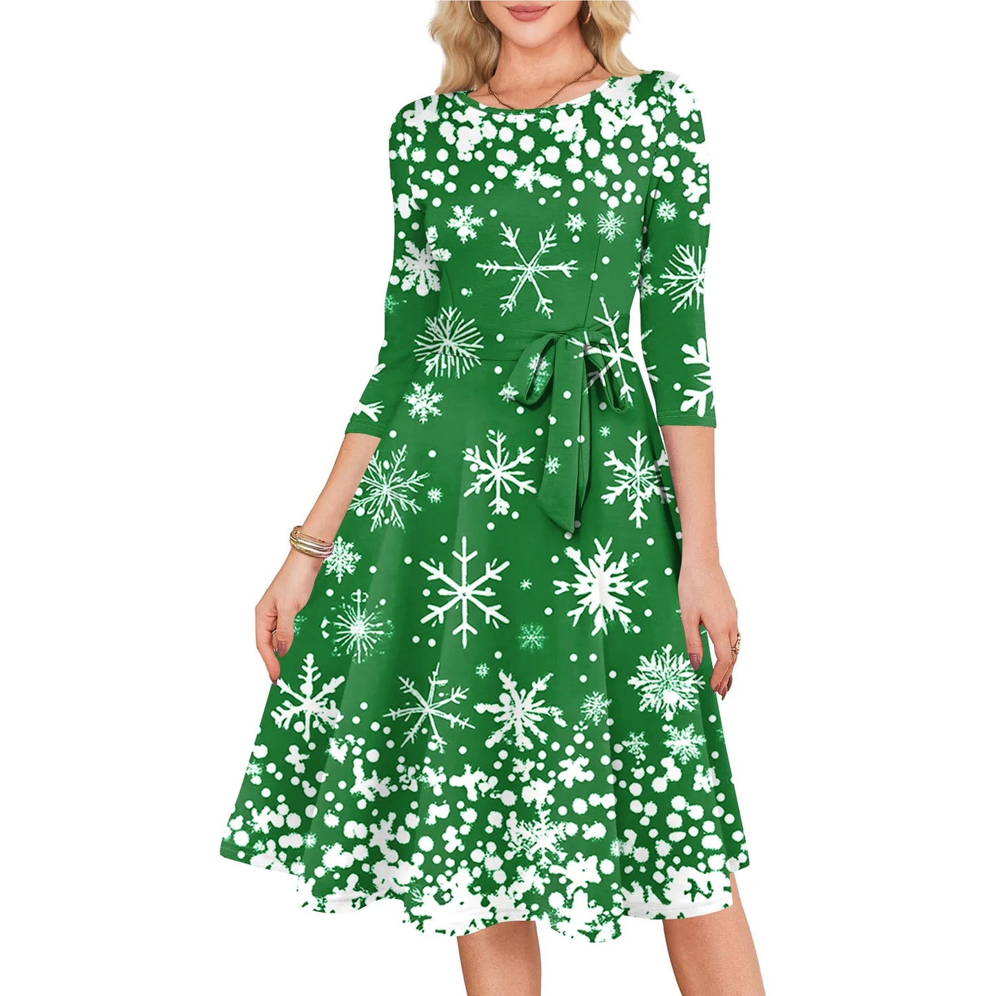 Women's A Line O Neck Polyester Dress Christmas Print Slim
