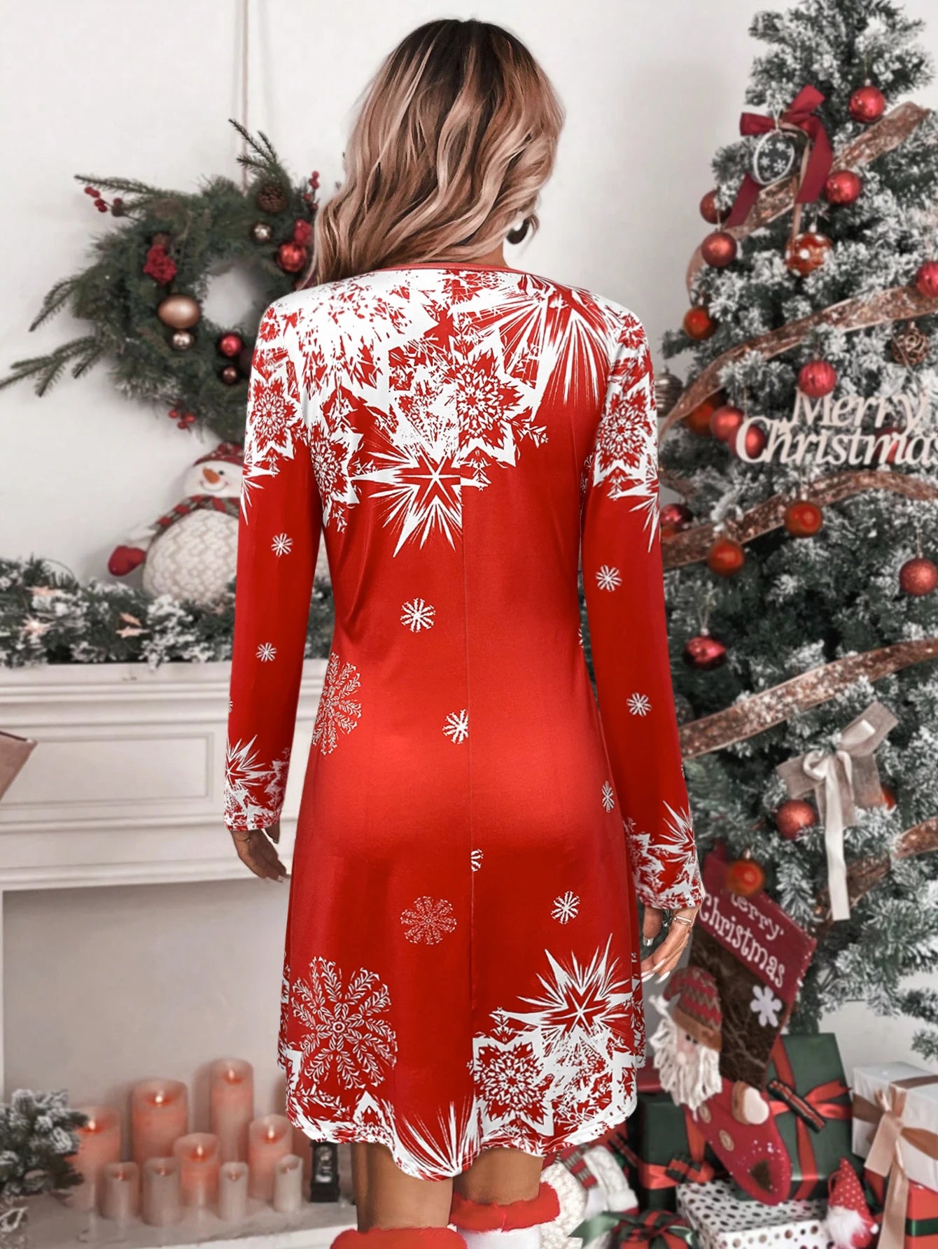 Women's Christmas Snowflake Print Long Sleeve Red & White Winter Dress