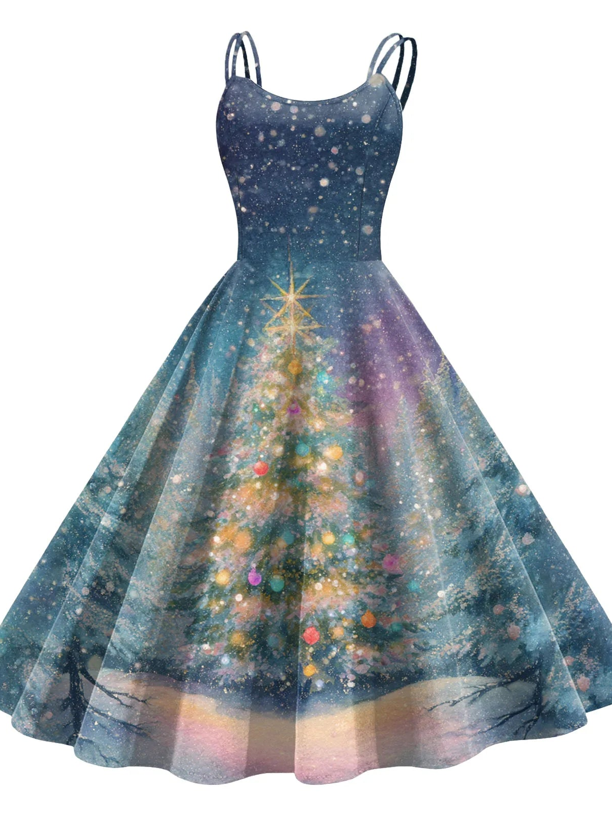 Retro Paint Print Christmas Tree Sleeveless Midi Dress