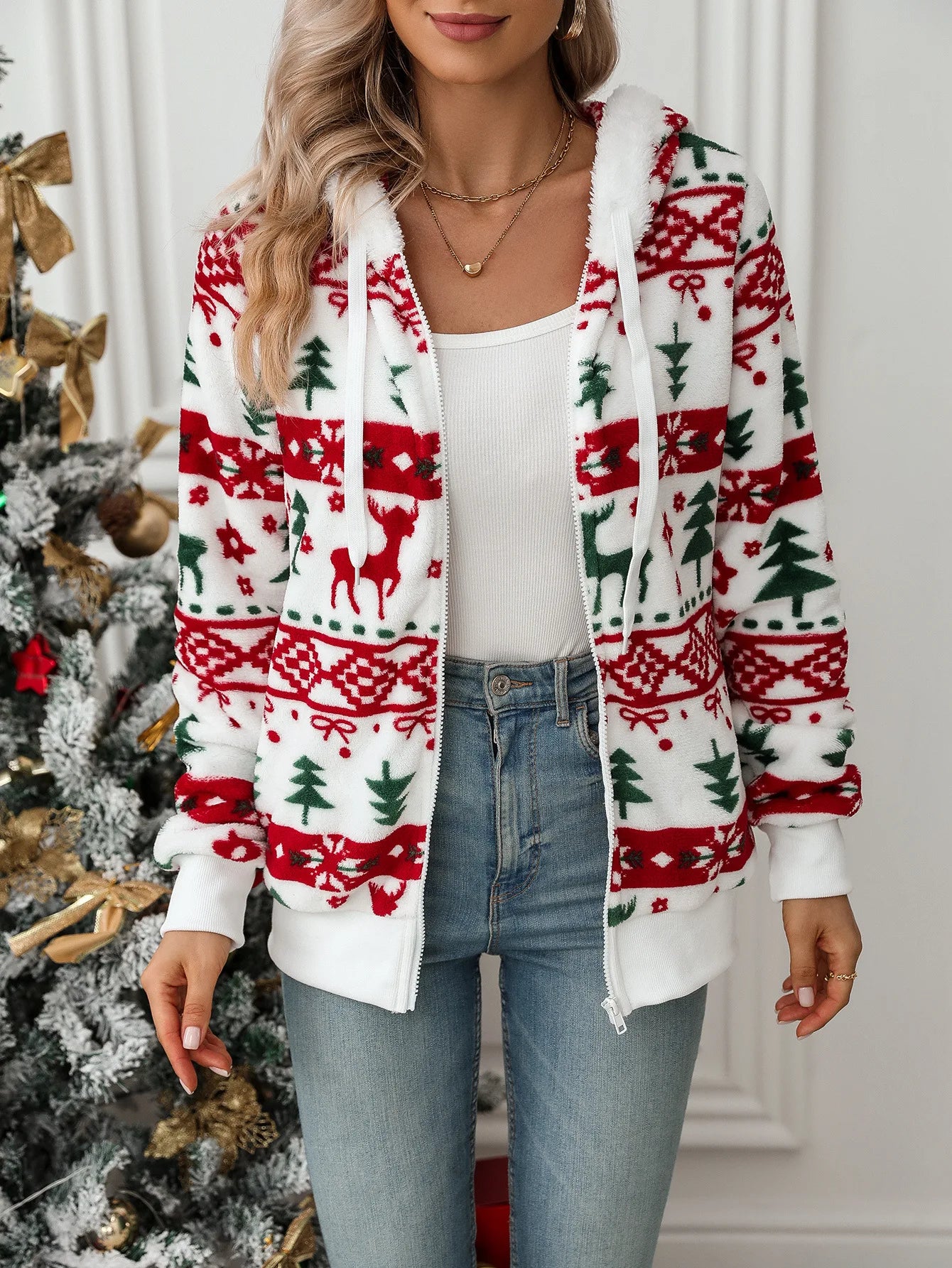Christmas Print Plush Winter Cardigan Warm Long Sleeve Jacket