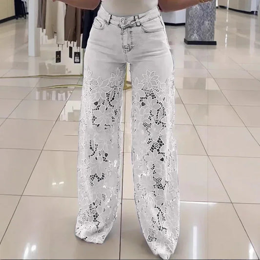 Lace Hollow Jeans High Waist Wide Leg Crochet Spliced