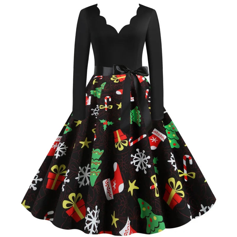 Women's Slim Fit Christmas Print Long Sleeve Dress Polyester