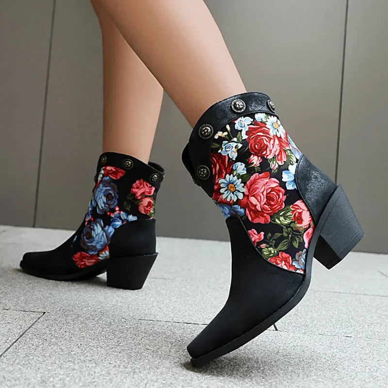 Flower Print Ankle Boots Women Wedge Heel 6cm Slip On Retro