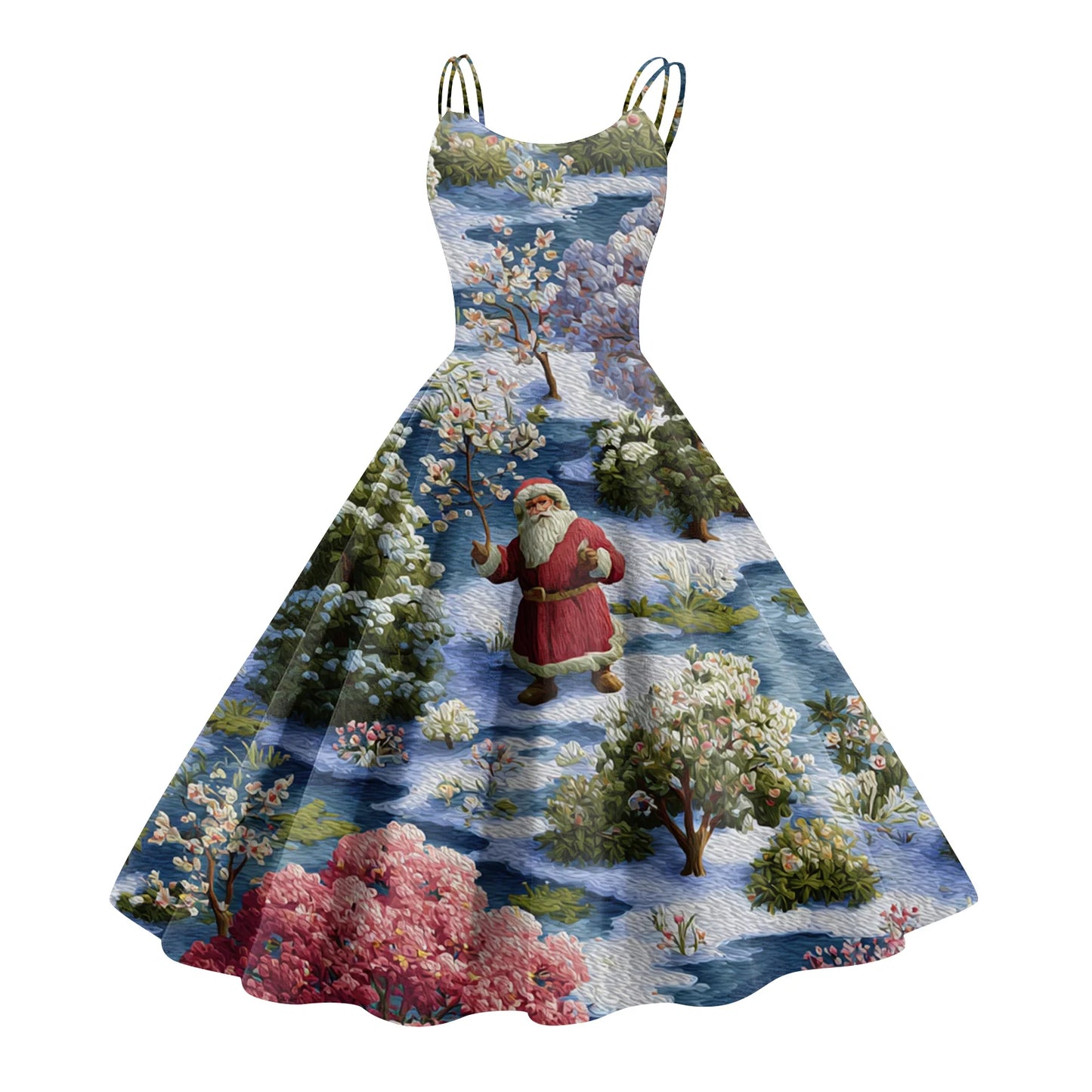 Round Neck Polyester Christmas Print Women's Loose Dress