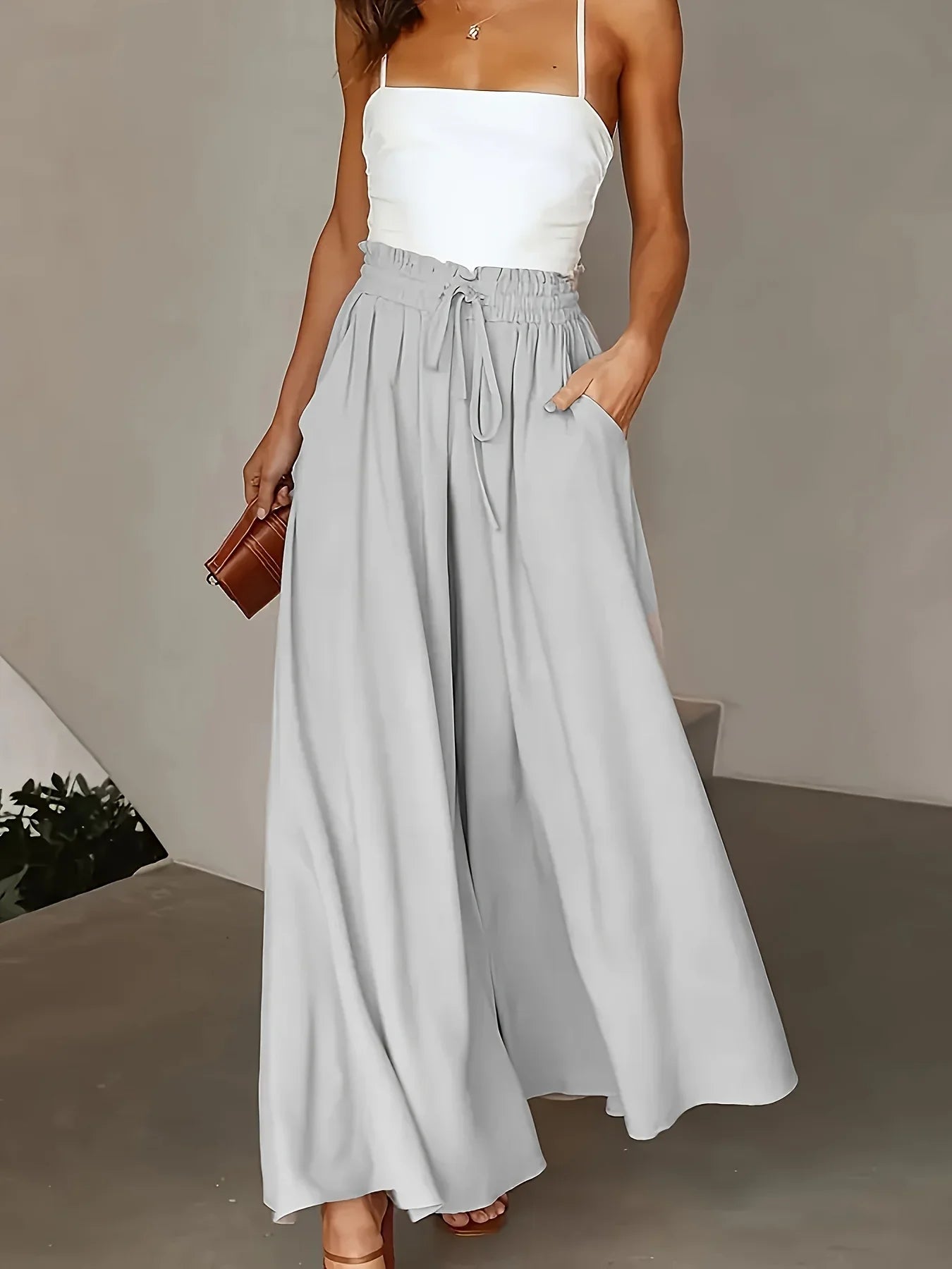 Plus Size Polyester Wide Leg Pants | Elastic High Waist | Ankle Length