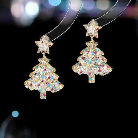 Christmas Tree Zircon Crystal Earrings Silver Tone Stud