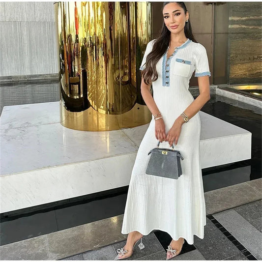 Chic Knit Maxi Dress With O Neck And Button Detailing