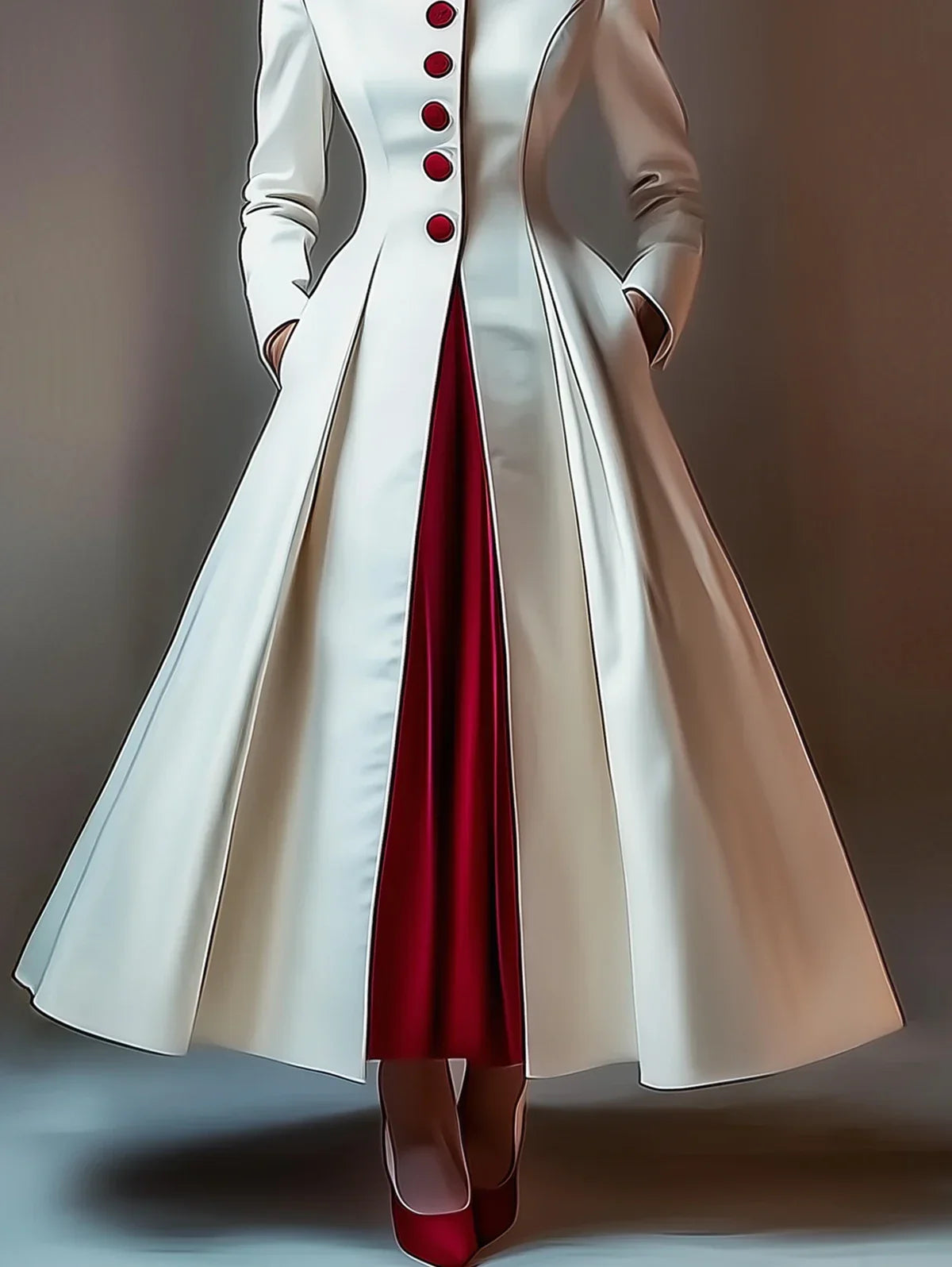 Elegant Long Stand Collar Red Button Maxi Dress For Formal Evening