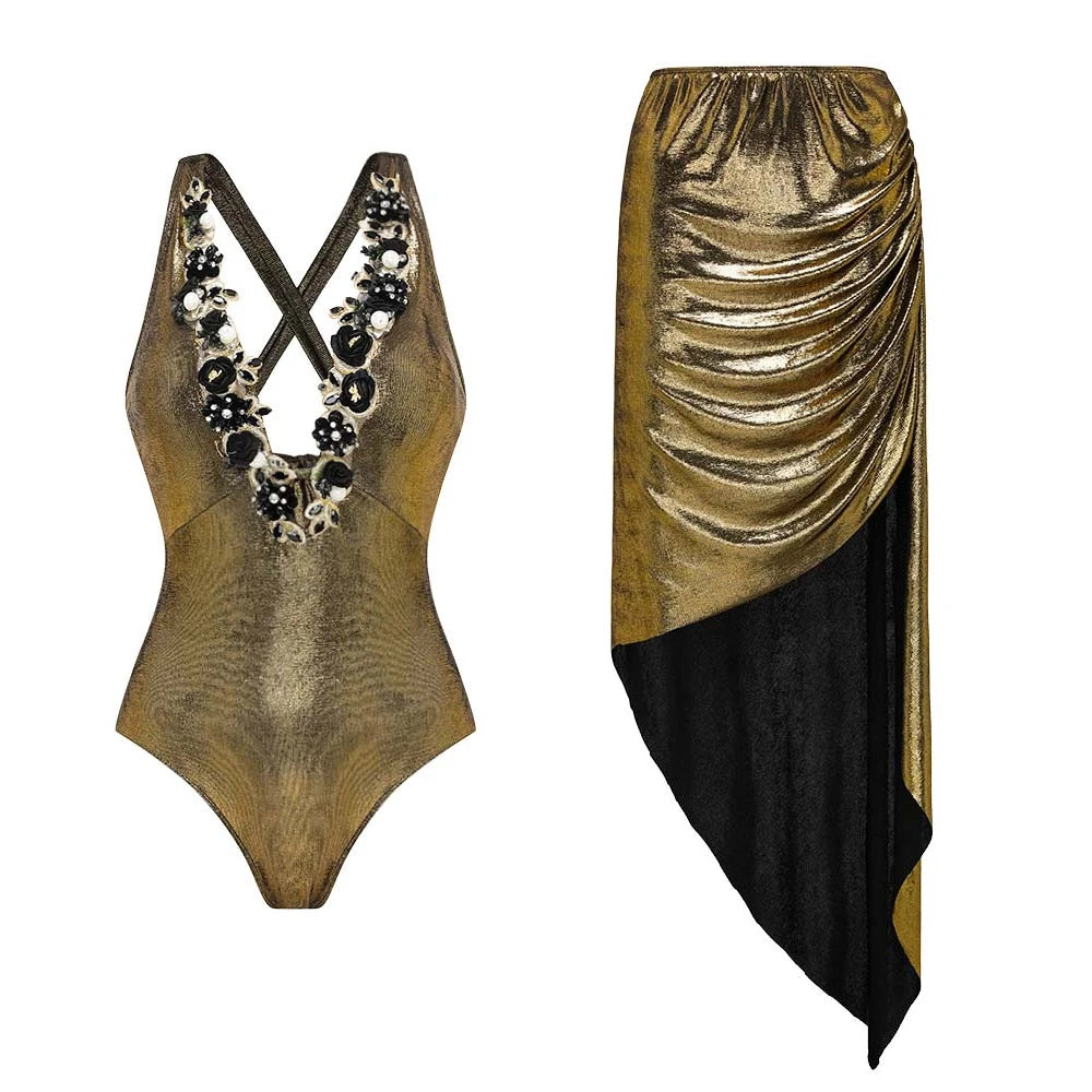 Flower Ruffle Swimsuit With Cover Up V Neck Bikini