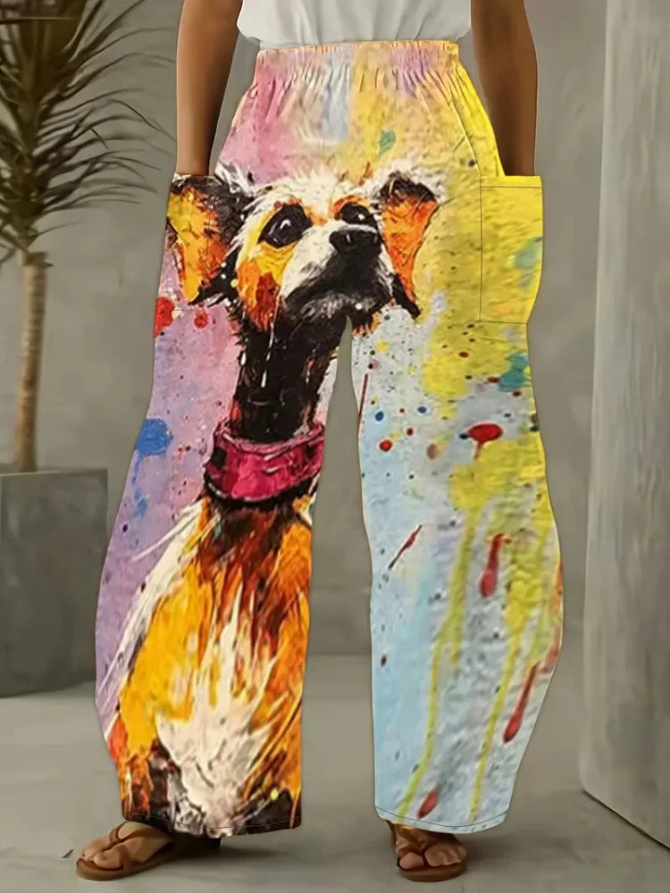 Women's Loose Bloomers Cartoon Dog Animal Print Polyester Pocket