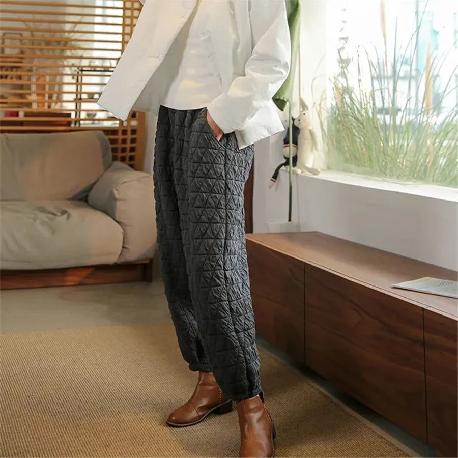 Womens Loose Quilted Cotton Harem Pants Solid High Waist