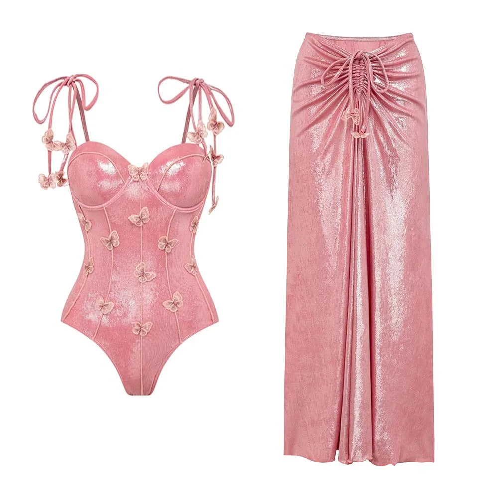 Flower Ruffle Swimsuit With Cover Up V Neck Bikini
