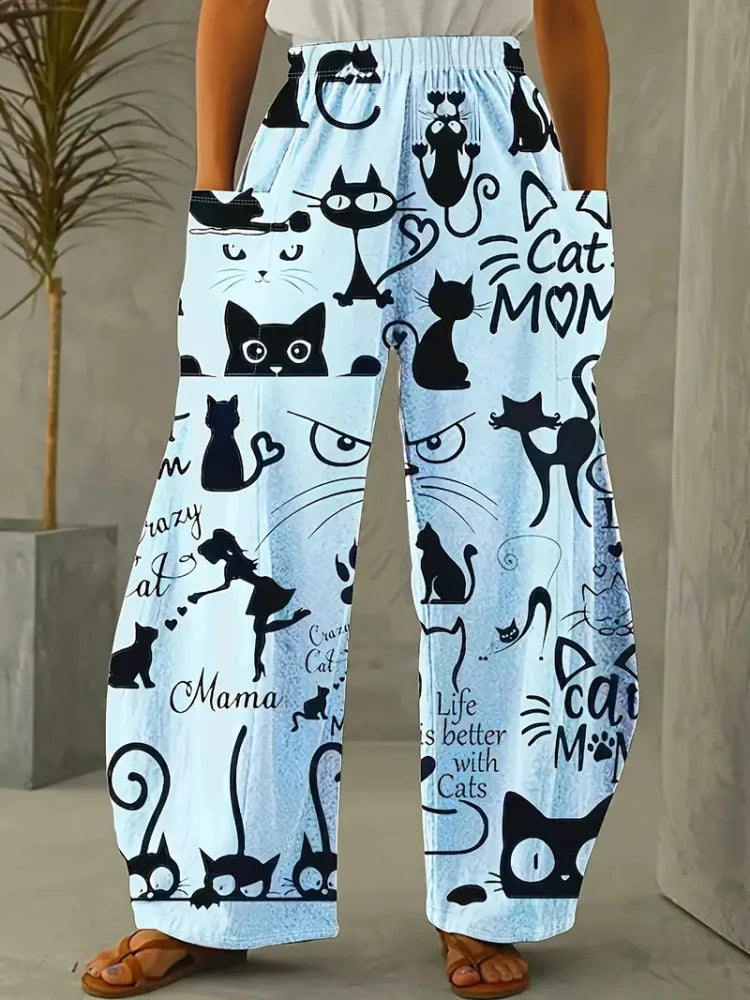 Women's Loose Bloomers Cartoon Cat Print Polyester Pants