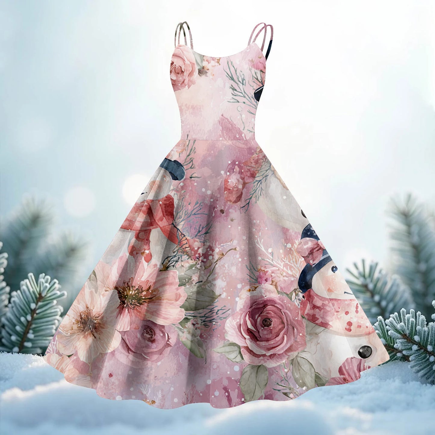 Women Christmas Print Spaghetti Strap Polyester Dress