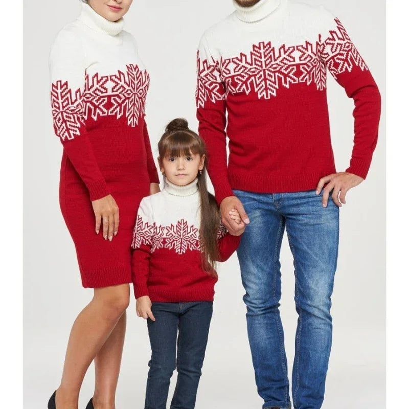 Family Matching Snowflake Wool Knit Turtleneck Relaxed Fit Sweater