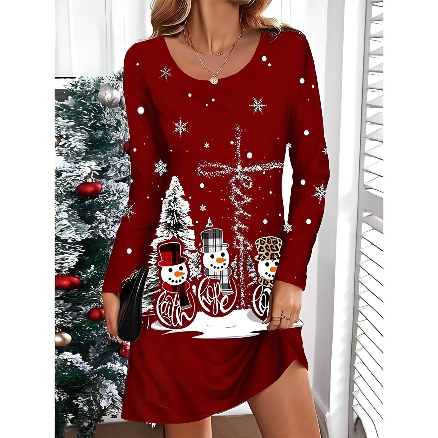 Women's Christmas Casual Snowflake And Christmas Tree Print Dress