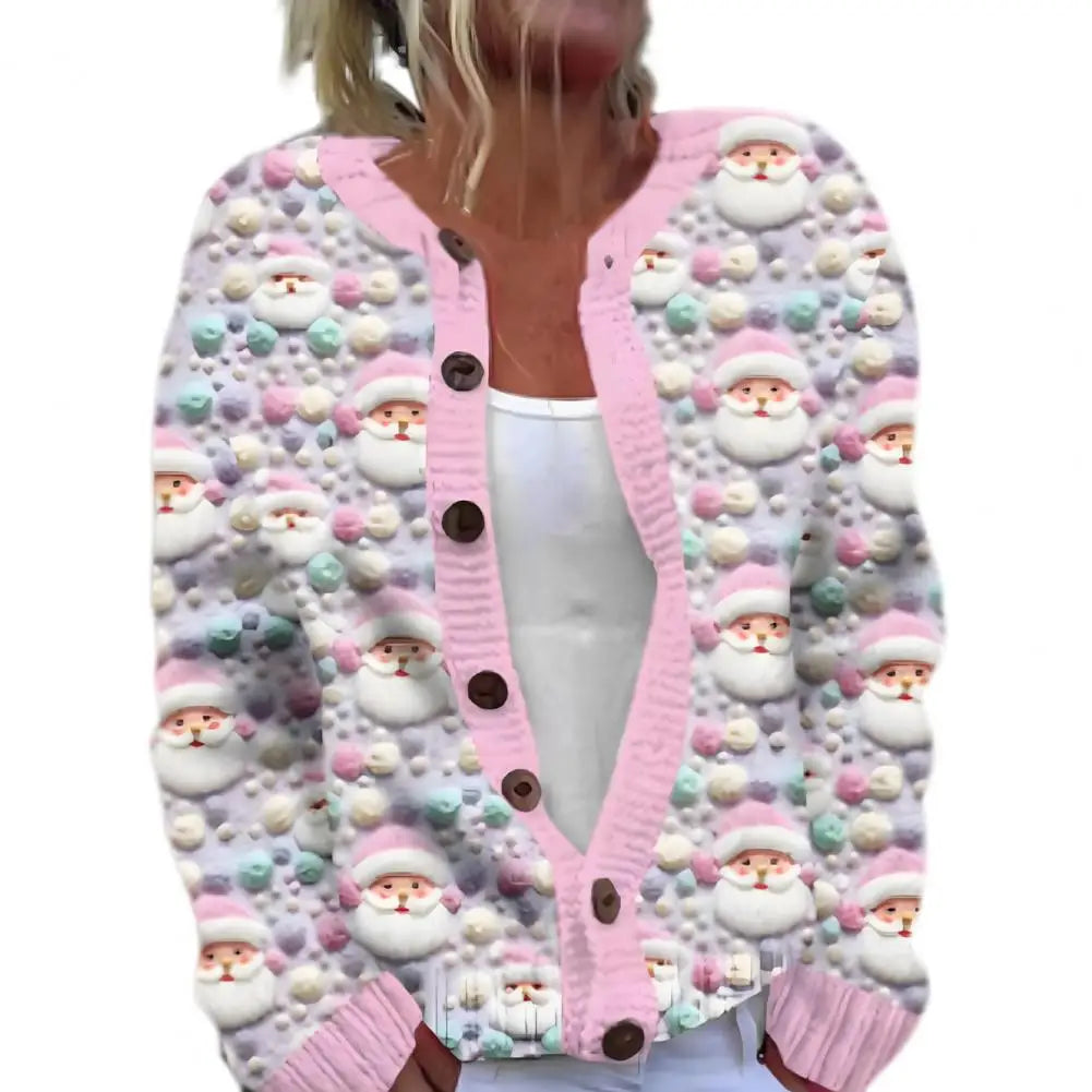 Cardigan Coat Round Neck Festive 3D Christmas Print Jacket