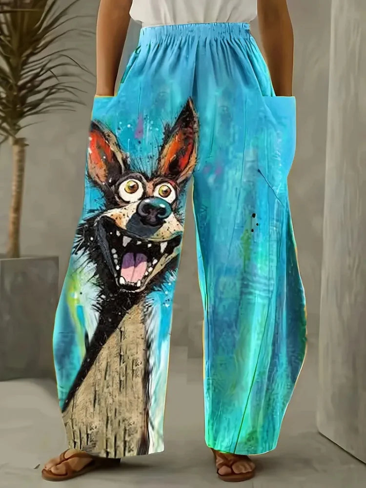 Women's Loose Bloomers Cartoon Dog Animal Print Polyester Pocket