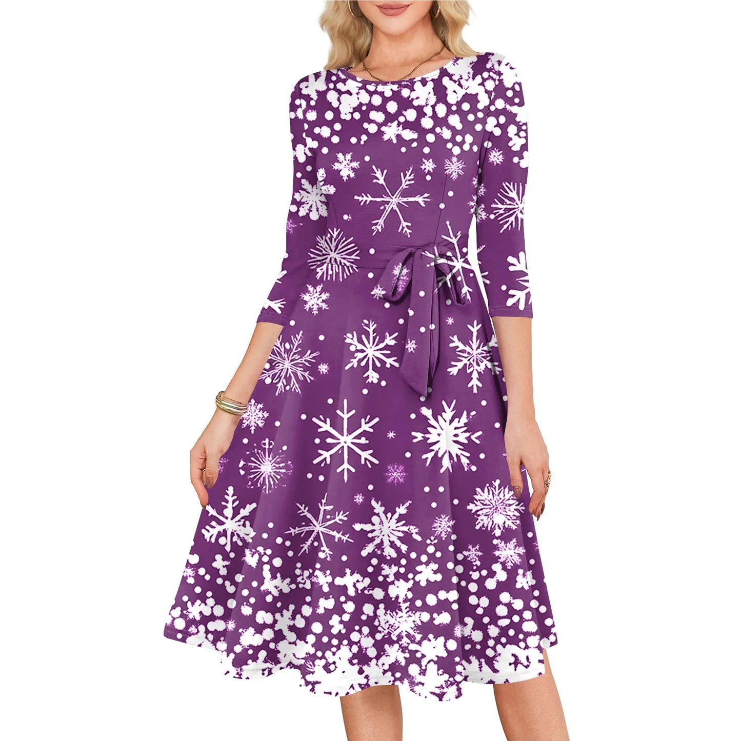 Women's A Line O Neck Polyester Dress Christmas Print Slim