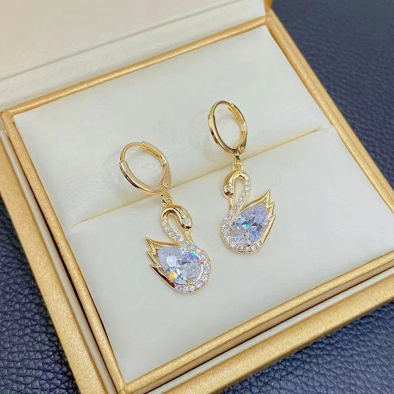 Gold Rhinestone Swan Pendant Earrings Fashion Jewelry