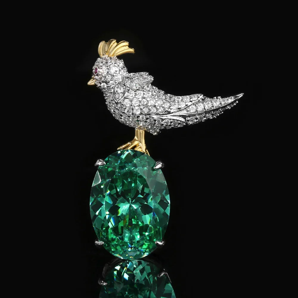 Green Tourmaline Gemstone Magpie Pendant Necklace Brooch Set