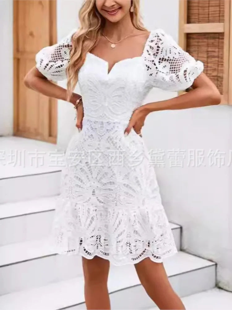 Summer Hollow Out White Party Dress - Elegant Lace Mini