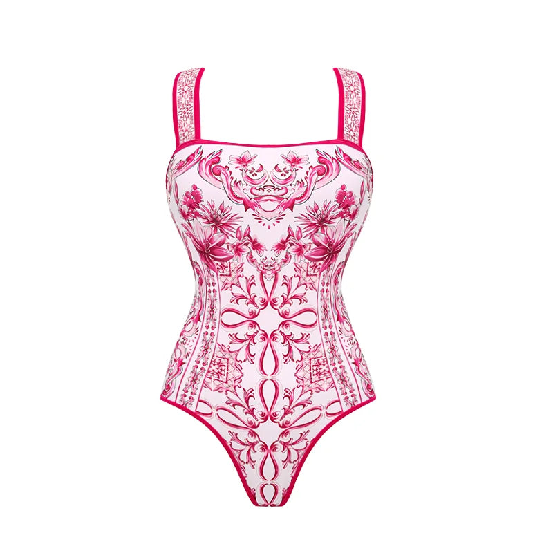 Red & White Mosaic Print Swimsuit Set