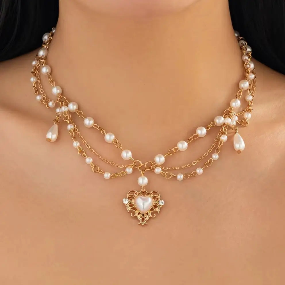 Multilayer Pearl Choker Necklace Heart Pendant