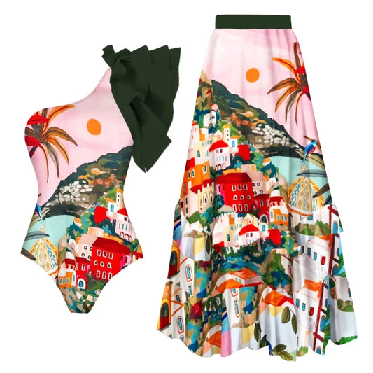 Caribbean Floral Ruffle Monokini One-Shoulder Strap Swimsuite with Cover-Up