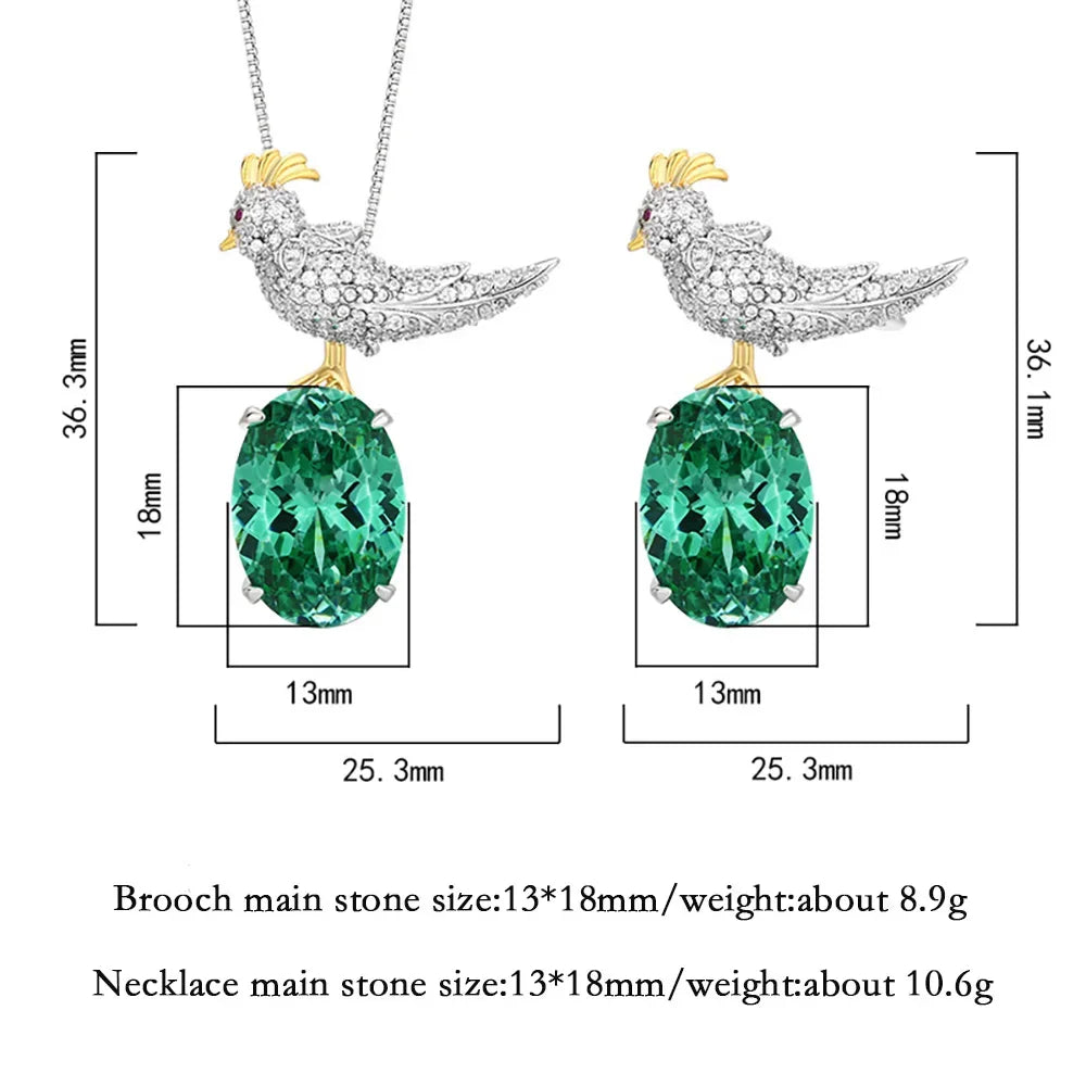 Green Tourmaline Gemstone Magpie Pendant Necklace Brooch Set