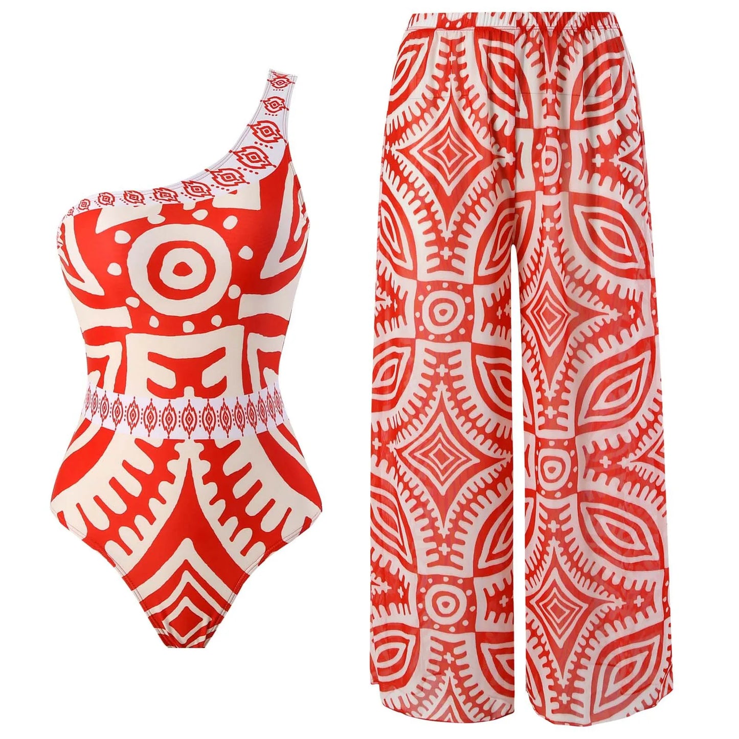 Orange & White Mosaic Push-Up 2-Piece Swim Set with Beach Pants