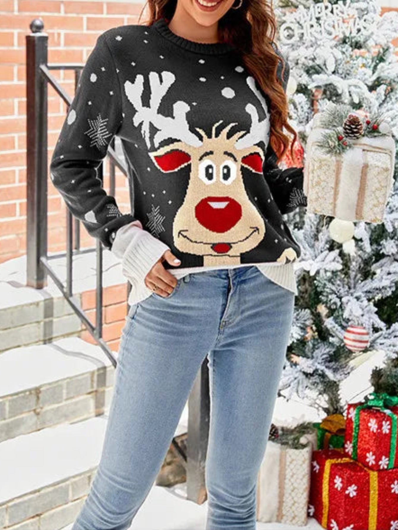 Christmas Reindeer Printed Jacquard Sweater