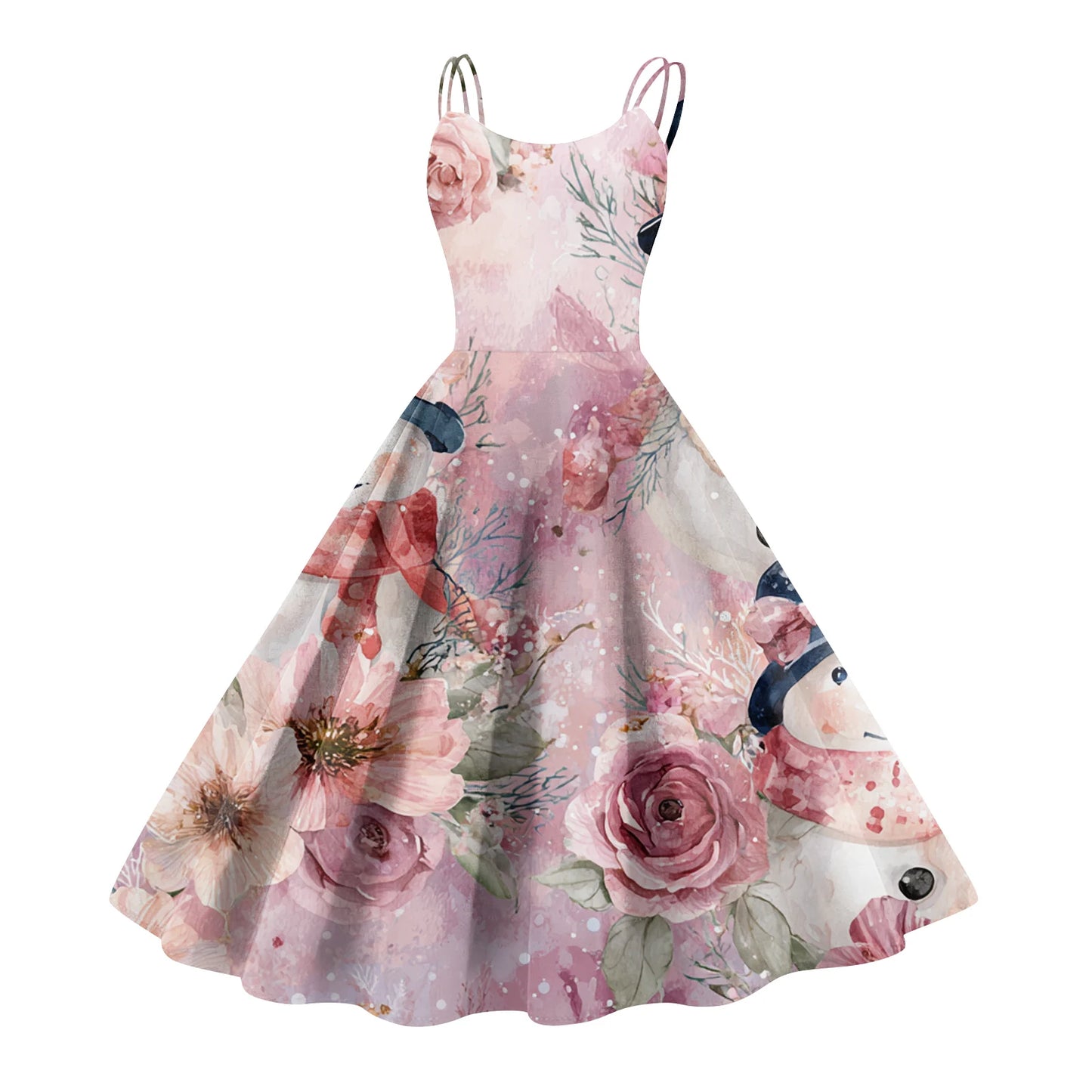 Women Christmas Print Spaghetti Strap Polyester Dress