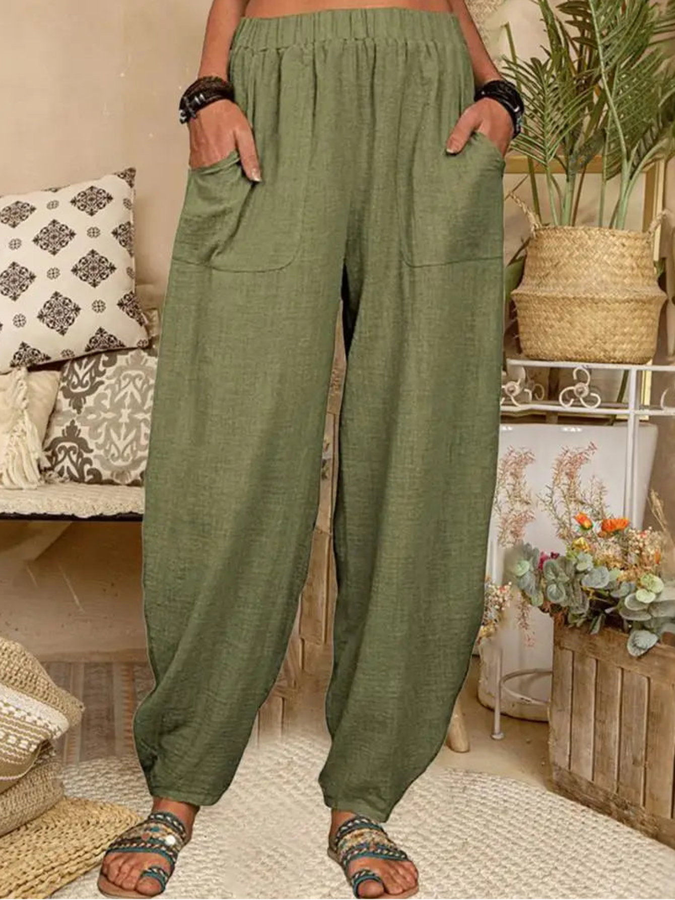 Womens Harem Pants | Cotton Linen Blend | Solid Relaxed Fit