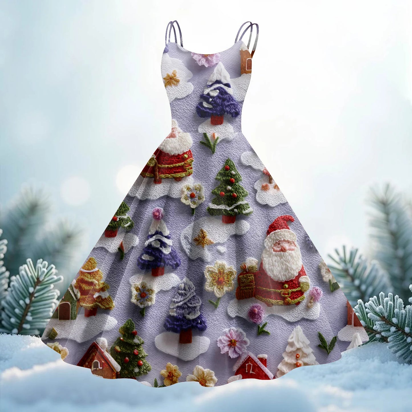 Round Neck Polyester Christmas Print Women's Loose Dress