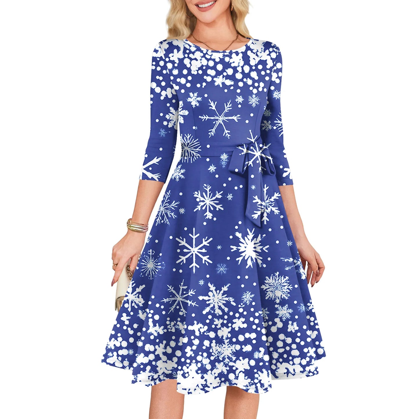 Women's A Line O Neck Polyester Dress Christmas Print Slim