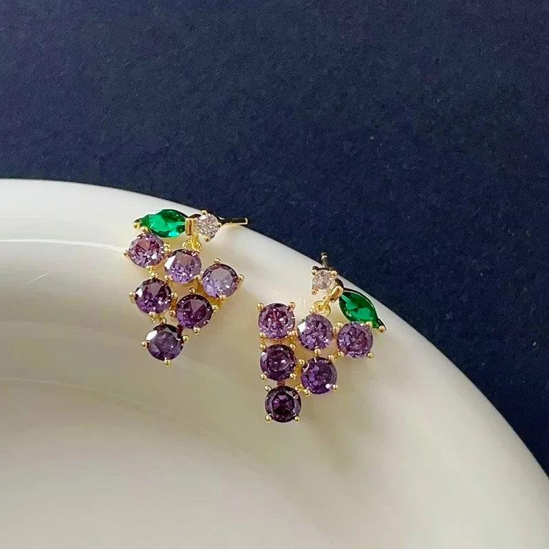 Purple Rhinestone Grape Pendant Stud Earrings Fashion