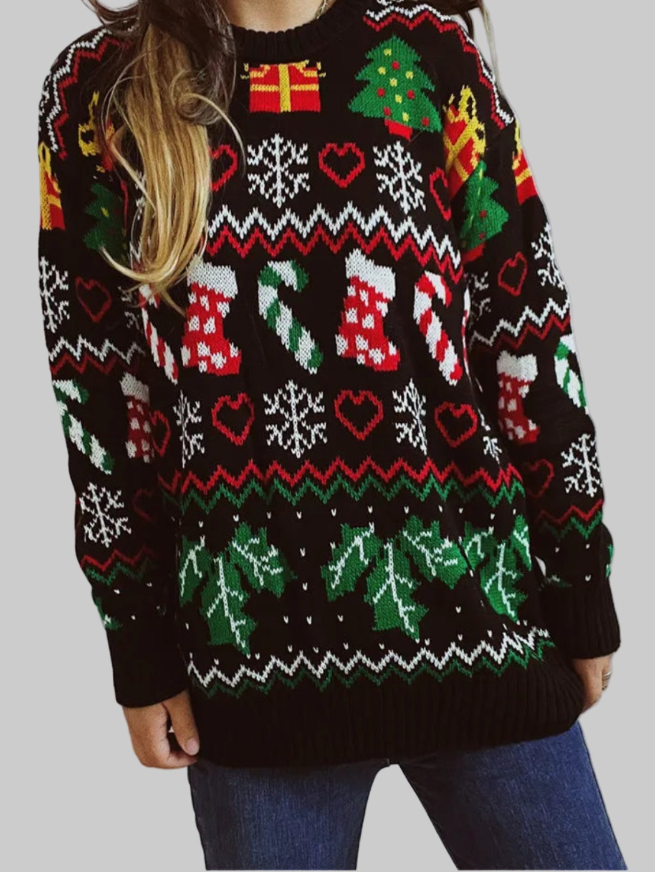 Christmas Snowflake, Trees, Stockings Long Knitted Sweater