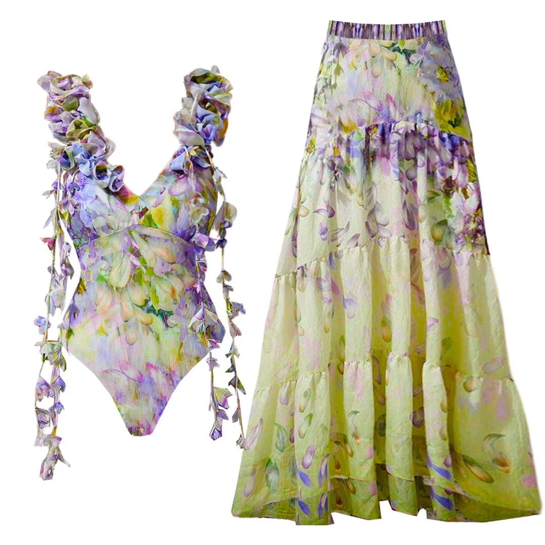 Flower Ruffle Swimsuit With Cover Up V Neck Bikini