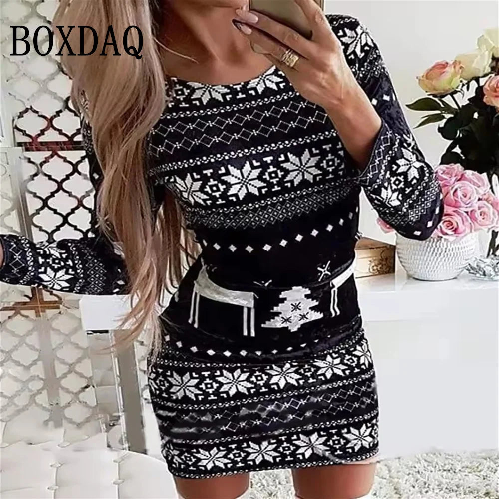 Women's Snowman Christmas Print Slim Bodycon Polyester Knit Dress