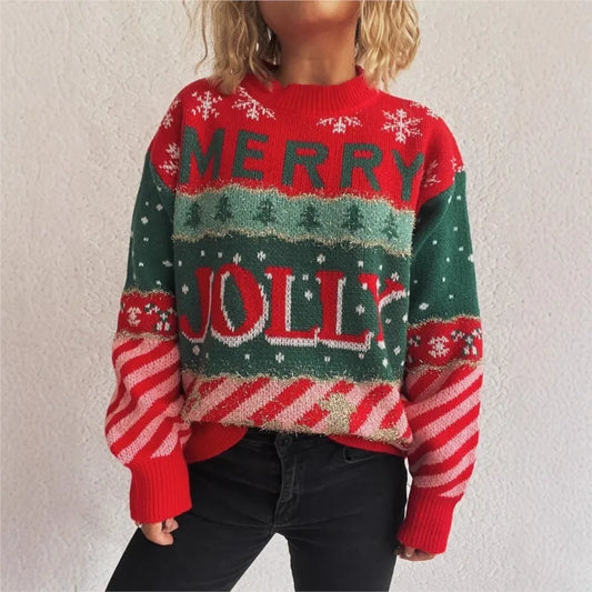 Women's Festive Jacquard Knit Hoodie Round Neck Relaxed Fit