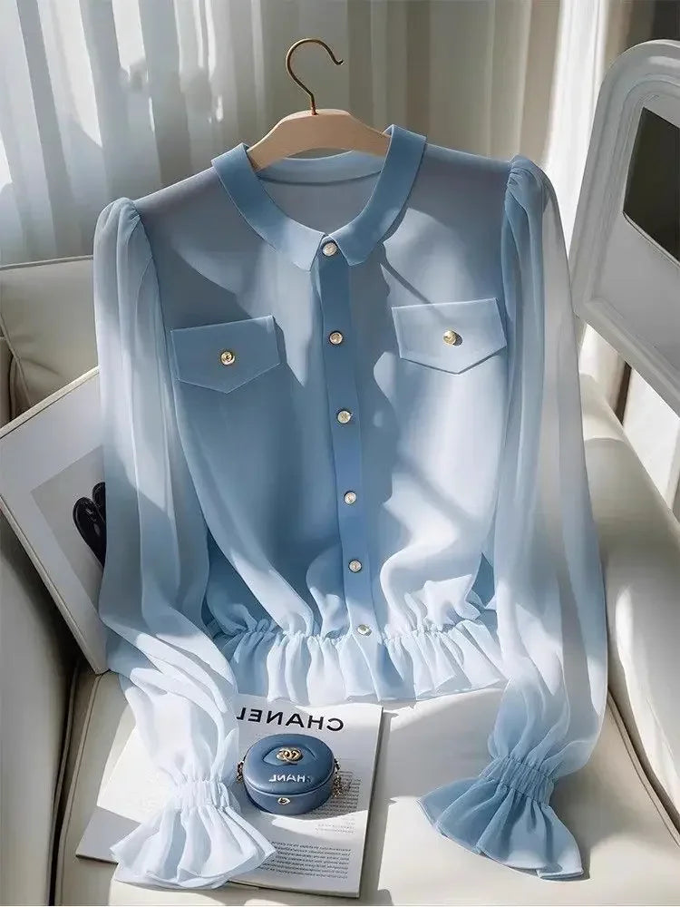 Solid Color Chiffon Polo Collar Shirt For Office Wear
