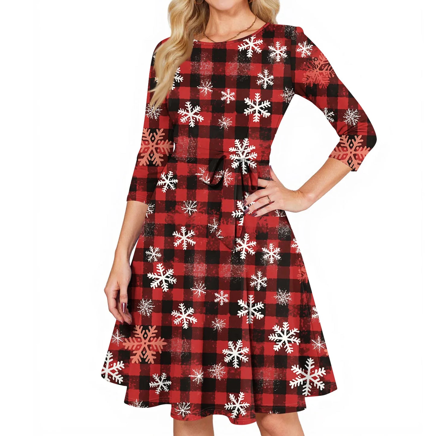 Women's A Line O Neck Polyester Dress Christmas Print Slim