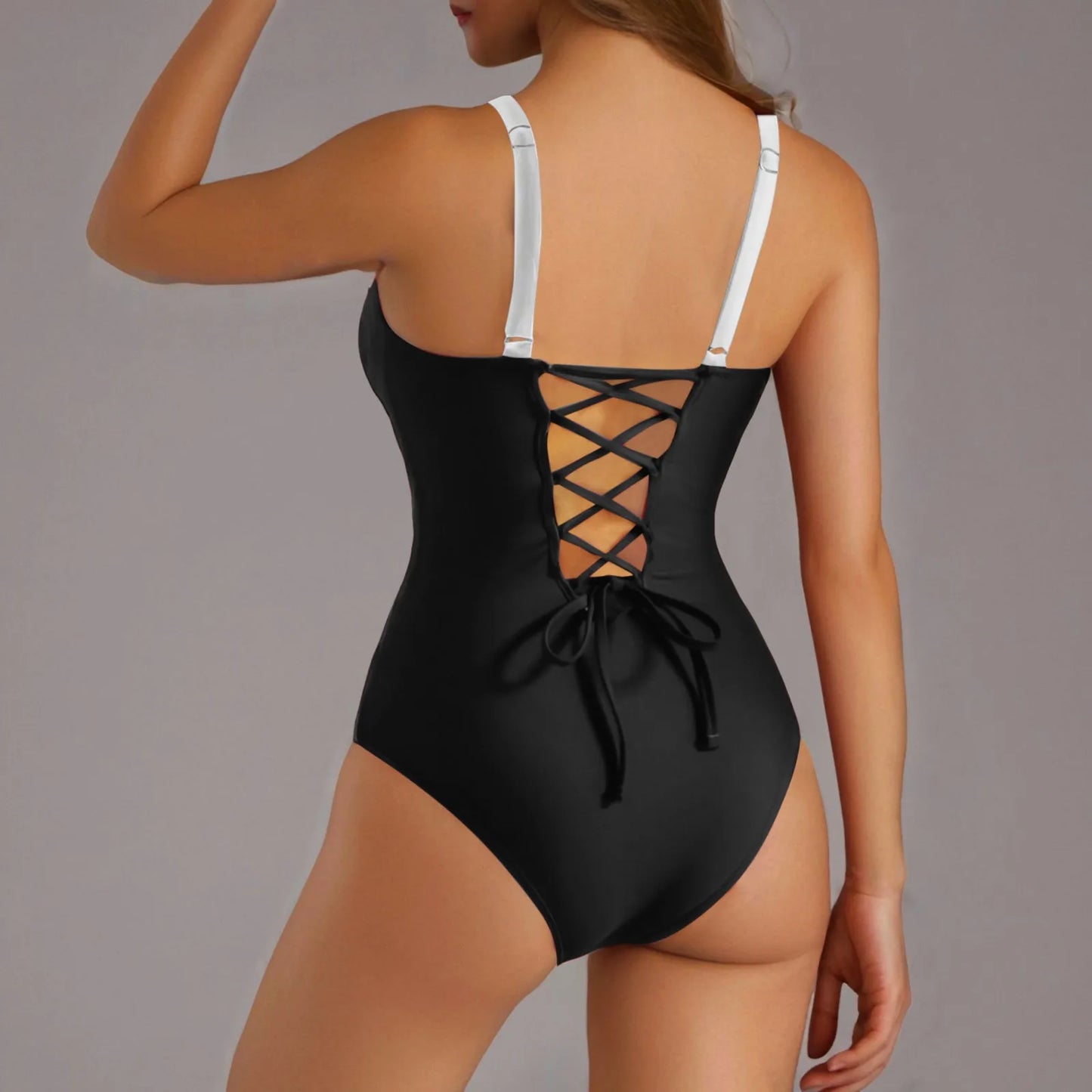 Contrast One-Piece Swimsuit – Push-Up Bathing Suit with Suspender Straps