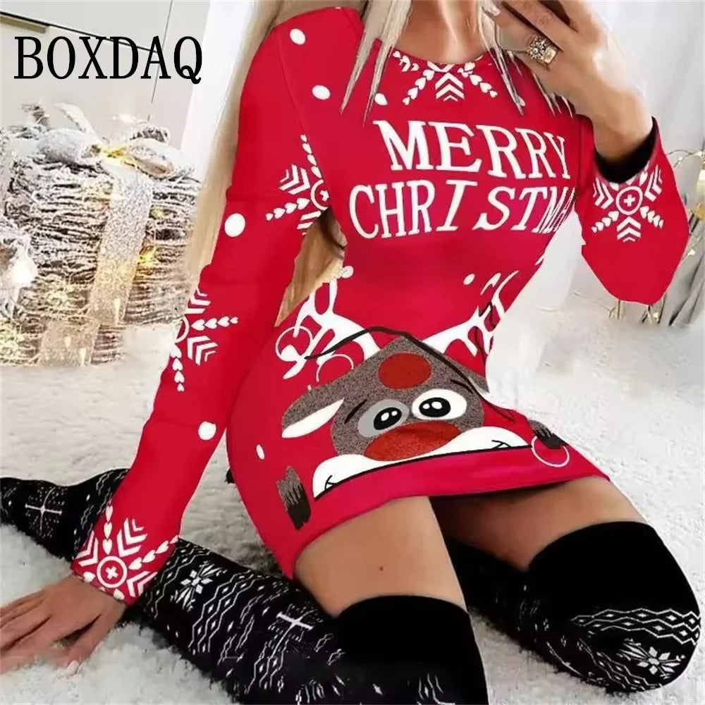 Women's Snowman Christmas Print Slim Bodycon Polyester Knit Dress