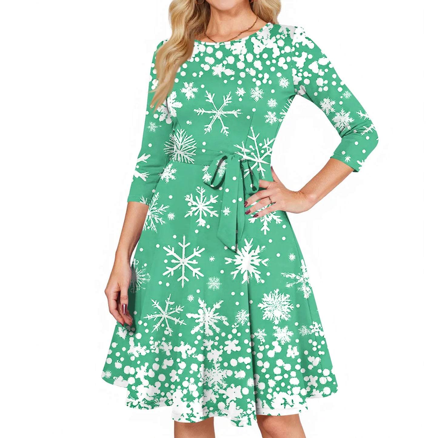 Women's A Line O Neck Polyester Dress Christmas Print Slim