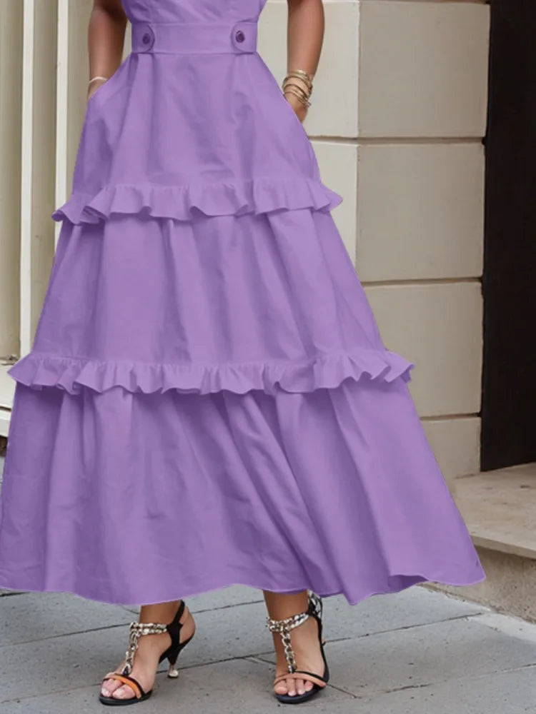 Cotton Blended Summer Dress - High Waist Pleated
