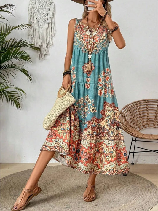 Women Vintage Print Sleeveless Dress - Loose A Line Comfort