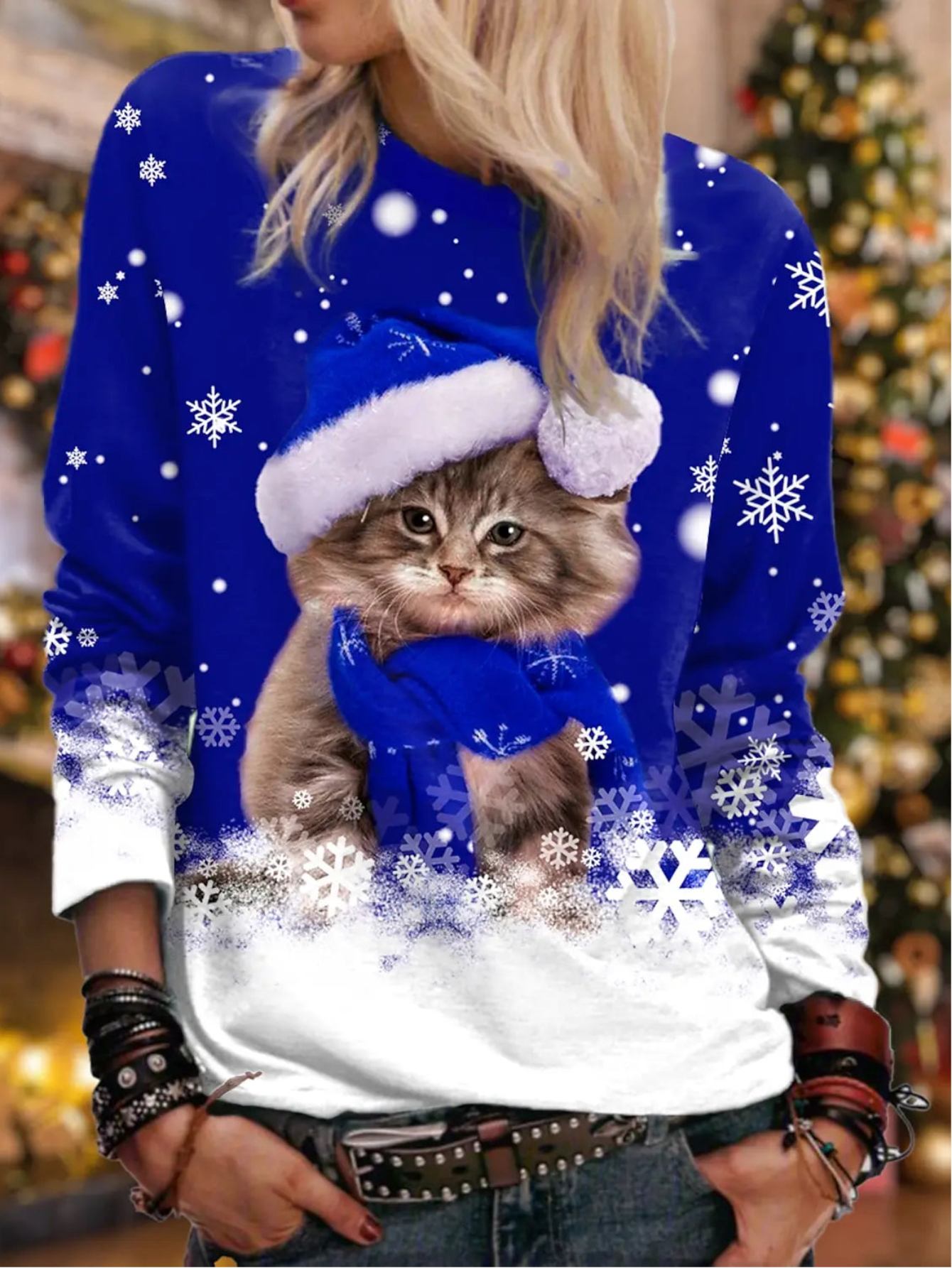 Christmas Cute Kitten With Santa Hat Print Sweatshirt